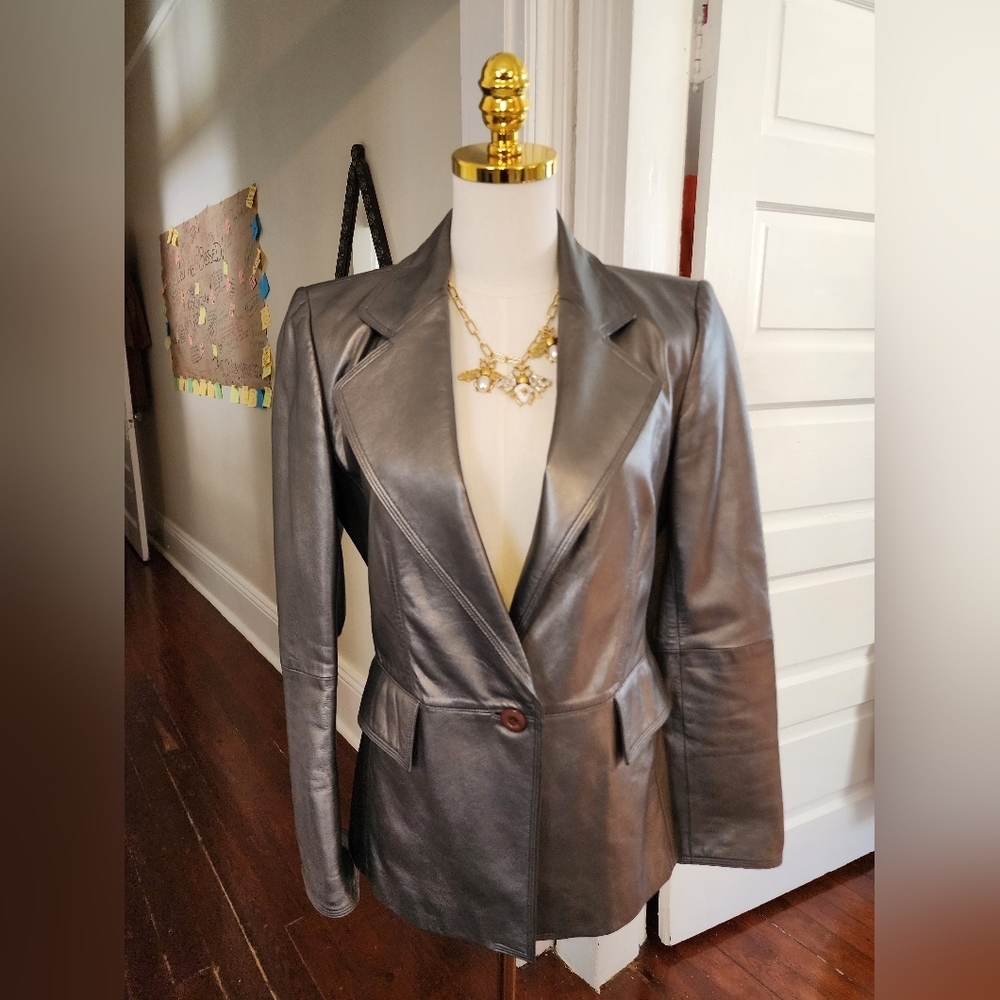 Ellen Tracy Metallic Silver Leather Notch Lapel Jacket, Size 2